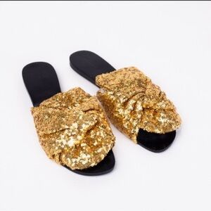 Zara Gold Sequin Knot Slide Sandals Statement Summer Slides Size 41